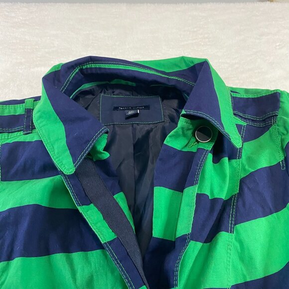 Tommy Hilfiger Belted Rain Trench Coat Jacket Green Blue Color Block Striped - Picture 3 of 10